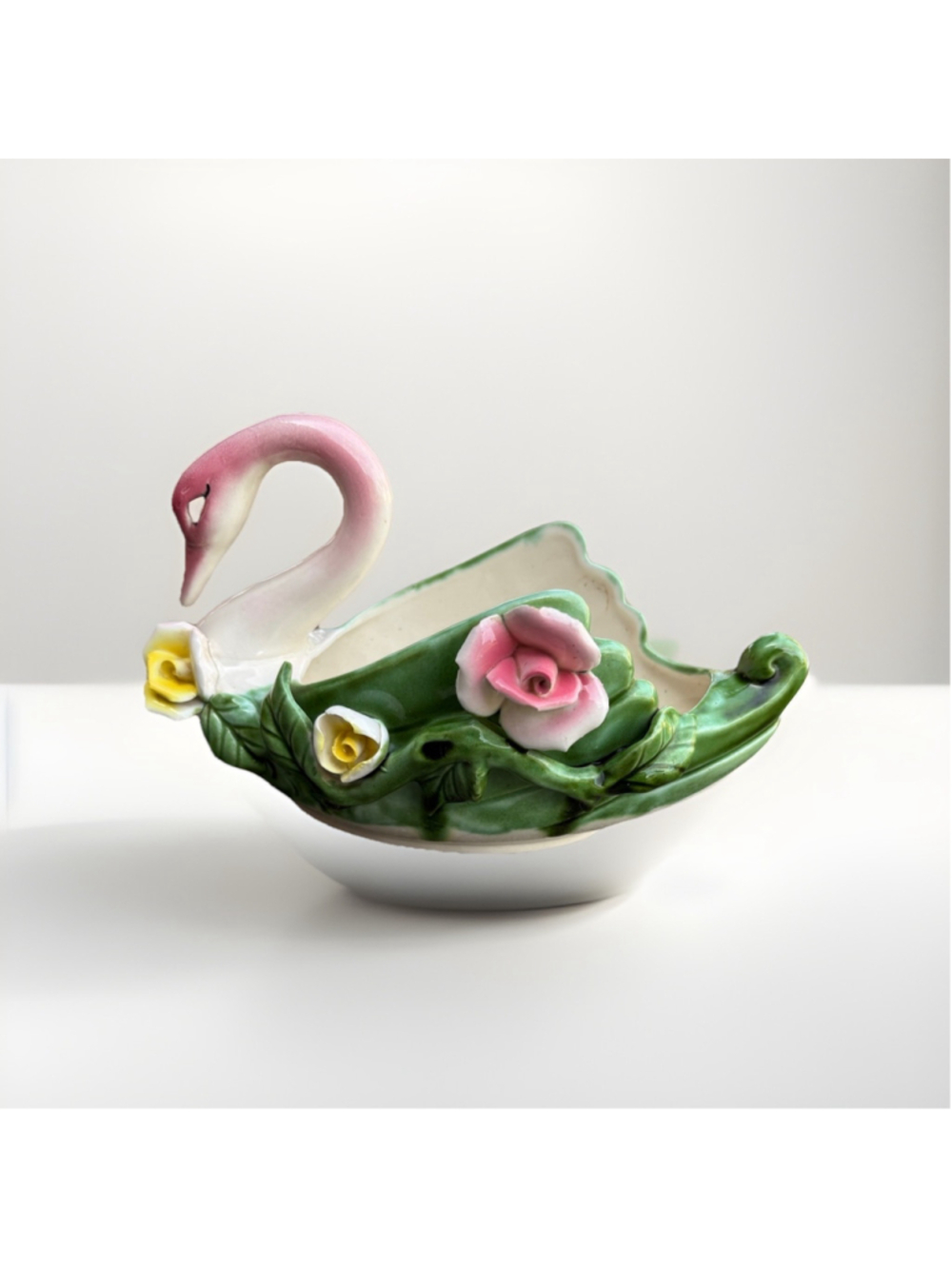 Vintage Ceramic Pink Swan Flower Bowl-9” X 5”-made In Japan-Cottage Core-MCM